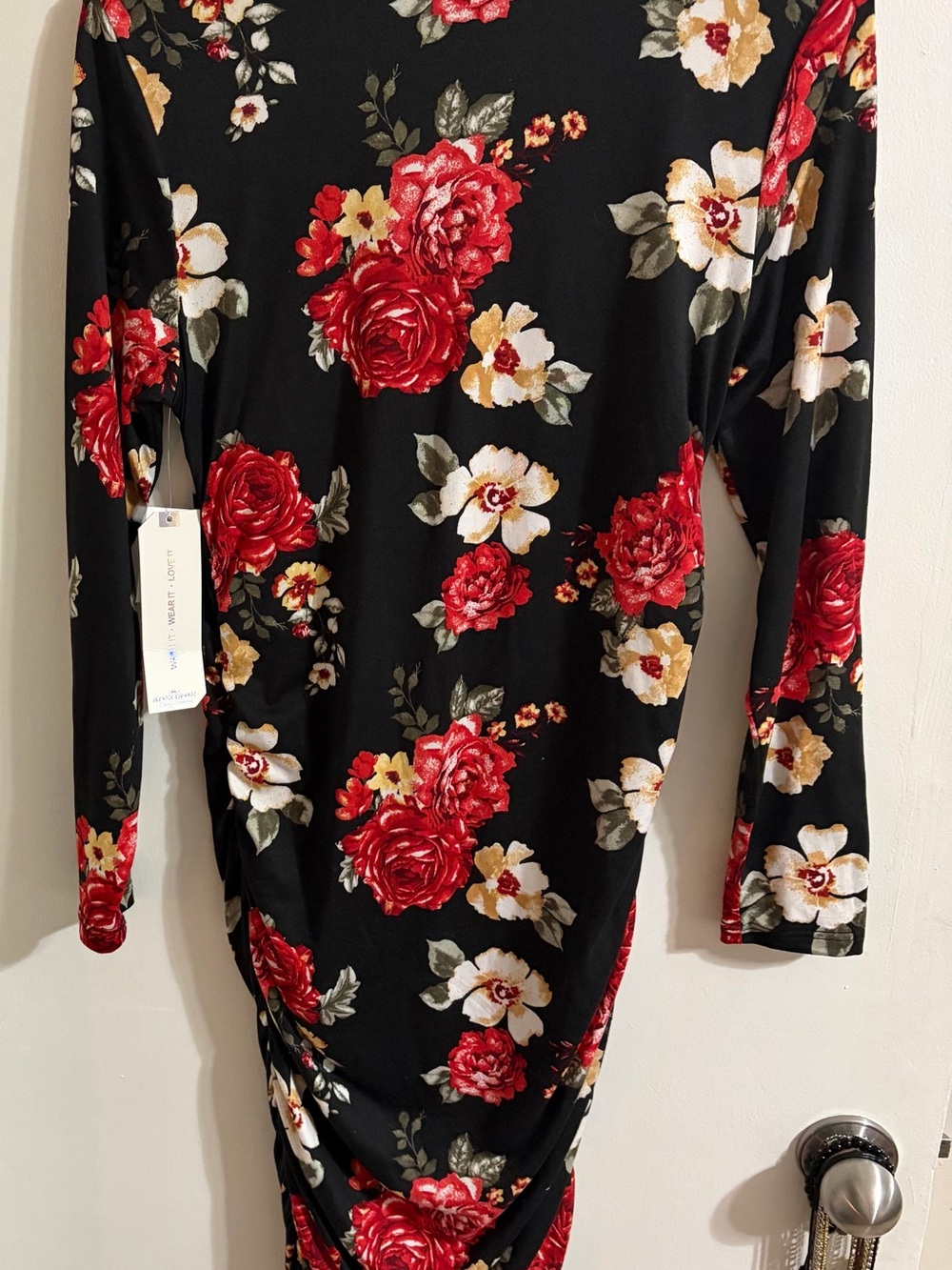 Almost Famous Black Long Sleeve Dress with Red & Cream Floral Print - Picture 5 of 5
